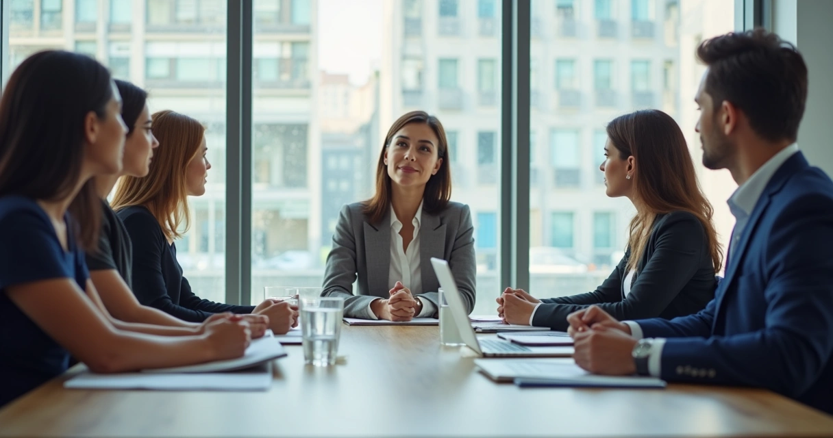 Mulher conduzindo reunião com equipe diversa em escritório