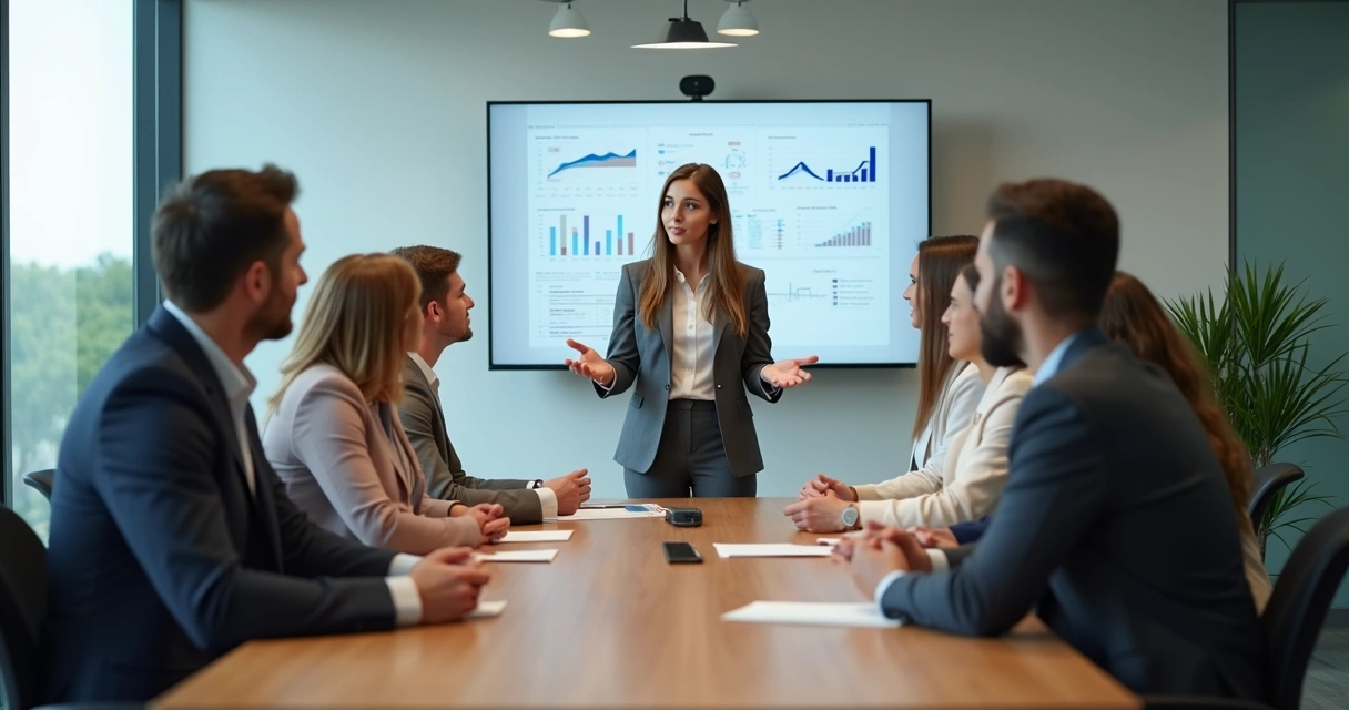 Mulher líder orientando equipe durante uma reunião empresarial