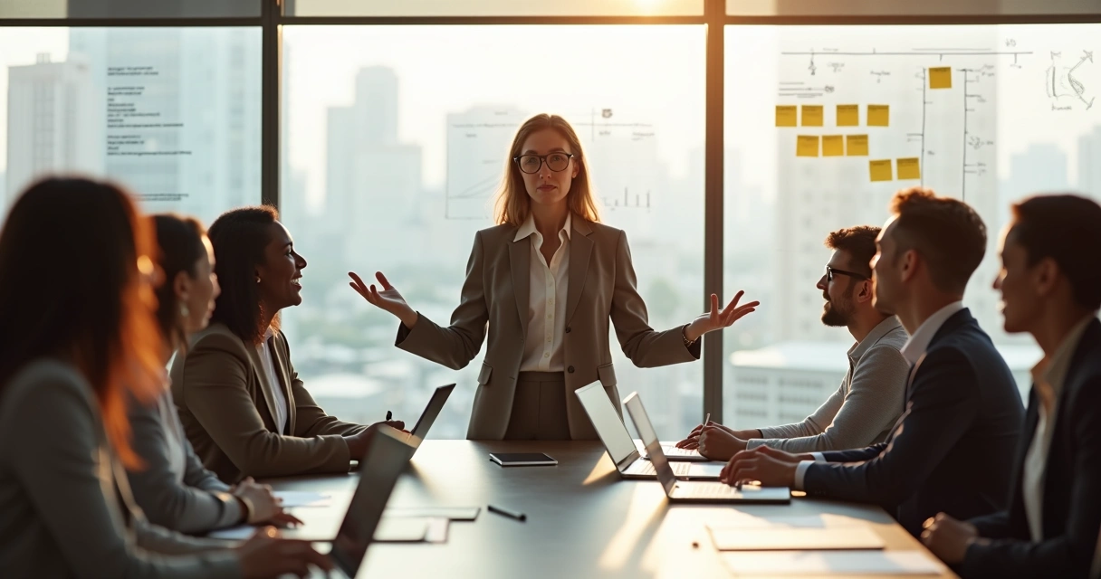 Líder feminina conduzindo reunião em ambiente corporativo moderno 
