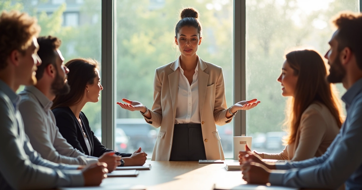 Mulher líder em reunião com equipe, expressando atenção e escuta ativa 