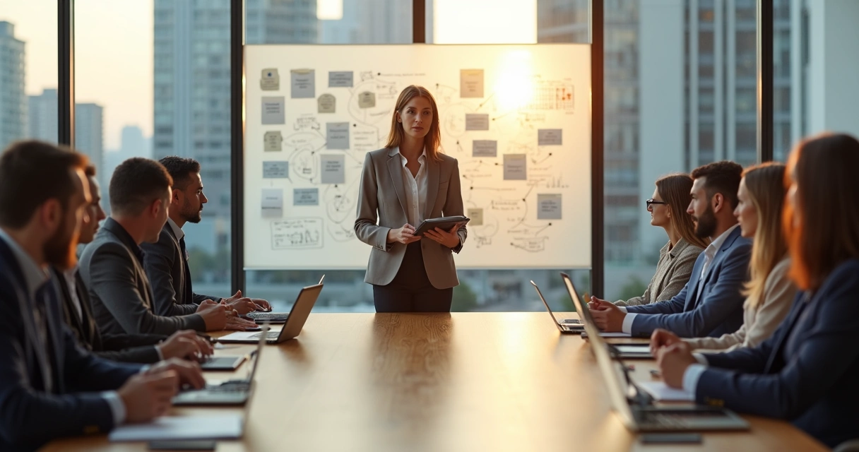 Líder feminina conduzindo reunião com equipe diversa em escritório moderno 