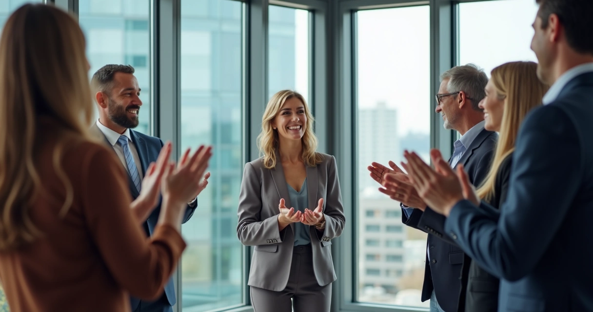 Líder mulher sorrindo ao lado de equipe diversa em escritório 