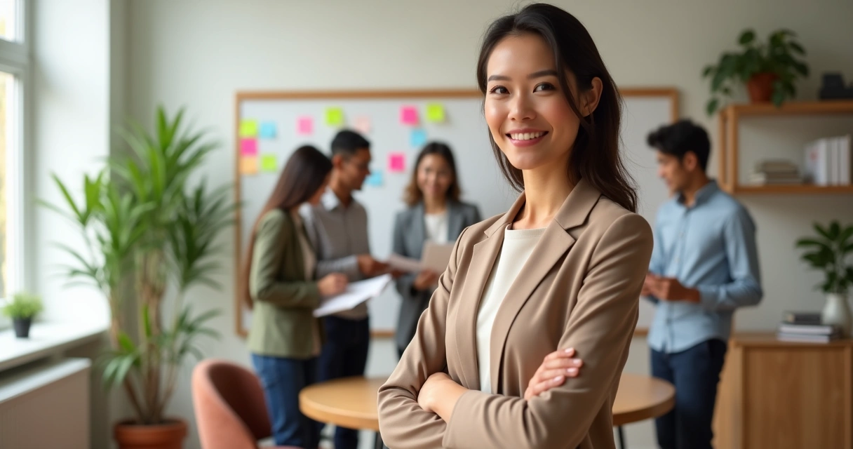 Líder feminina em pé em primeiro plano com equipe diversa ao fundo em ambiente de trabalho acolhedor 