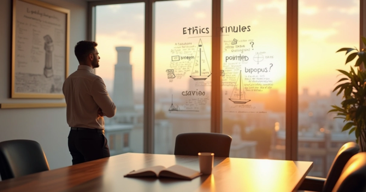 Líder refletindo em sala de reunião com símbolos filosóficos ao fundo 