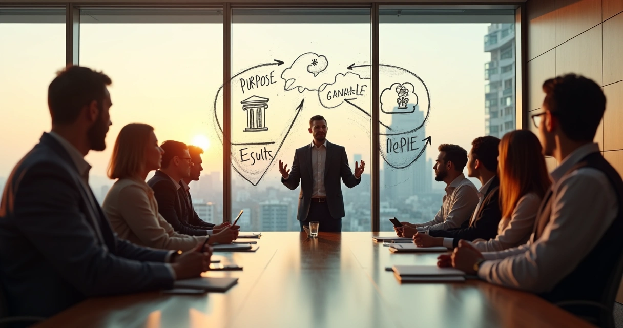 Líder explicando conceito filosófico para equipe em sala de reunião moderna 