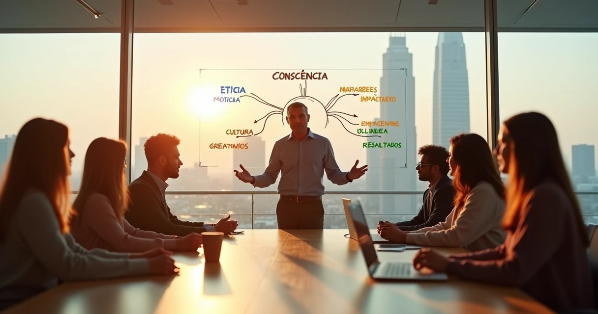 Líder em reunião guiando equipe com foco e consciência 