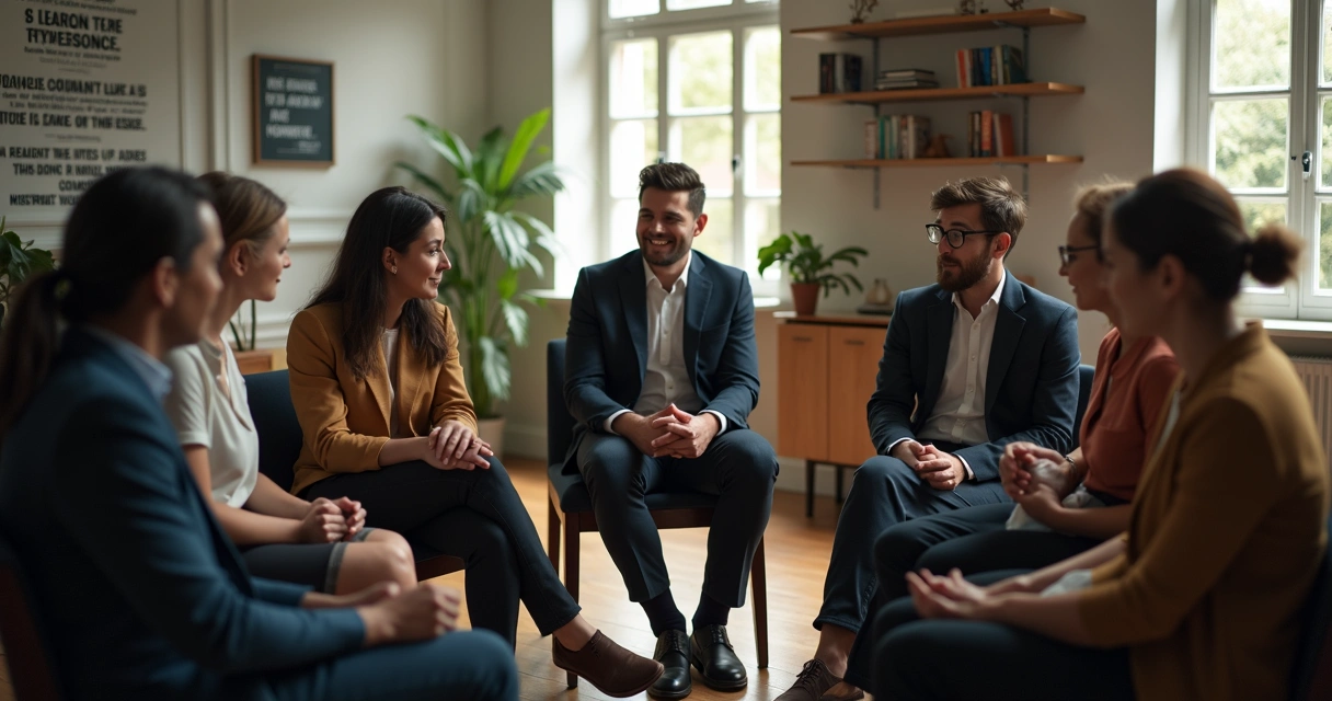 Líder conversando com equipe em roda de cadeiras, atmosfera de reflexão e colaboração 
