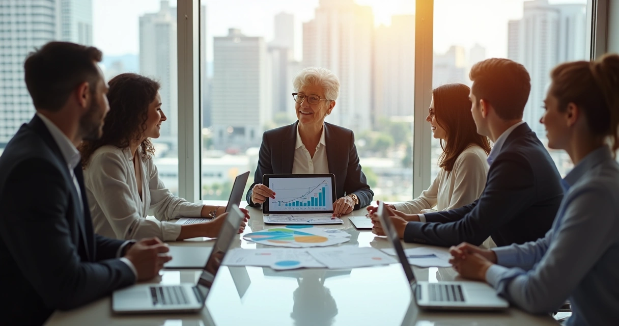 Reunião de equipe profissional ao redor de uma mesa analisando gráficos financeiros 