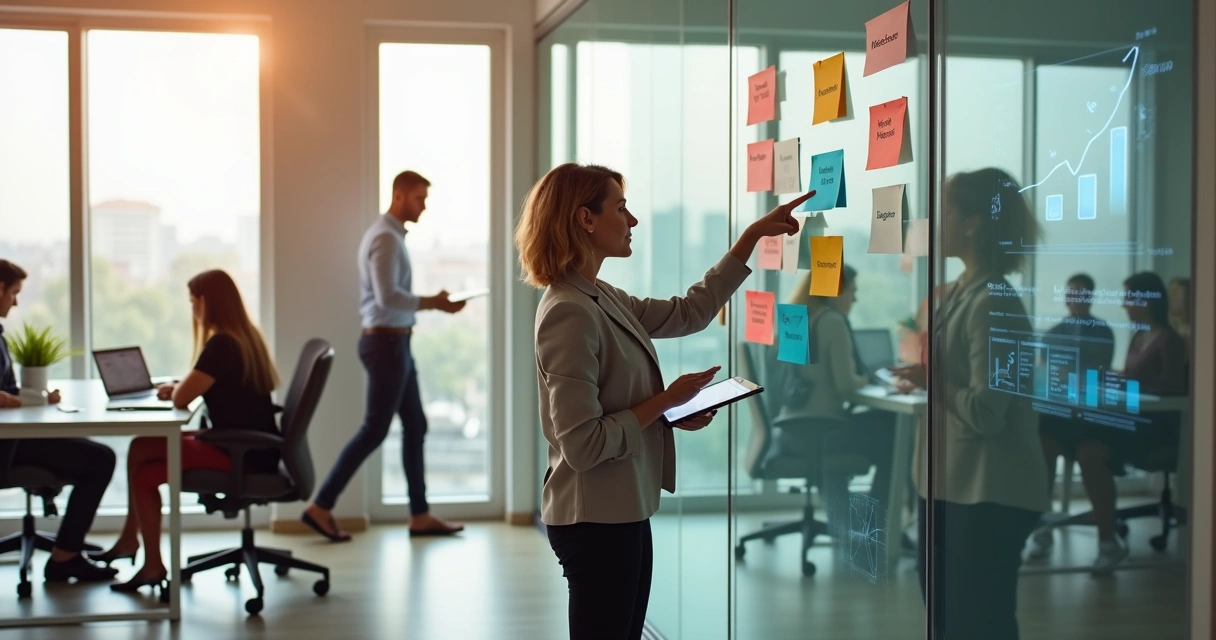 Gestora ajustando quadro de horários flexíveis em escritório com equipe trabalhando de forma tranquila 