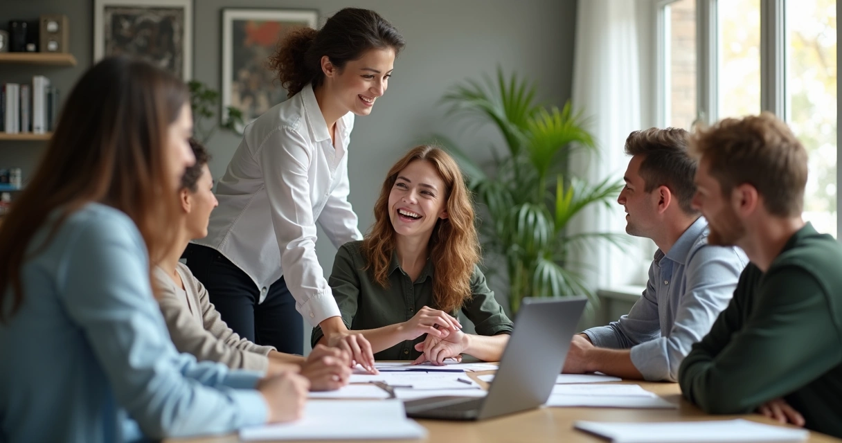 Líder apoiando colaborador durante reunião de equipe colaborativa 