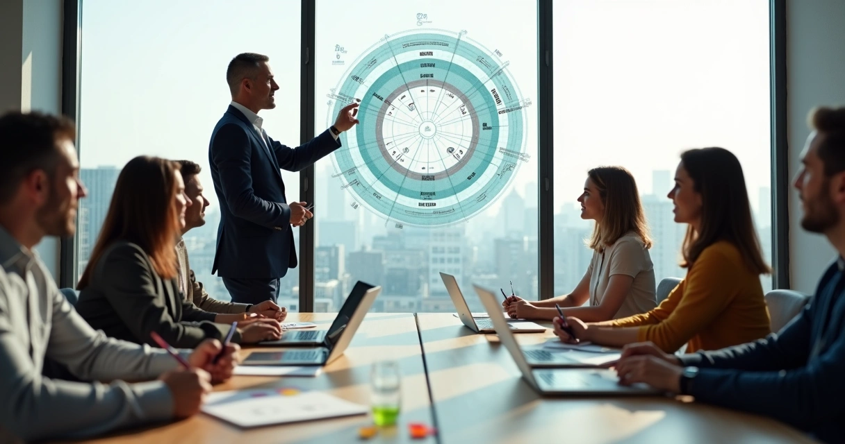 Líder apresentando framework integrativo em painel com equipe em reunião 