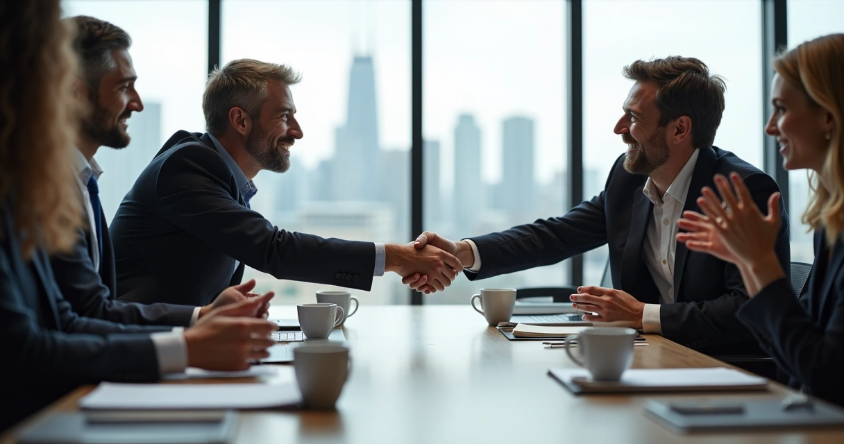 Dois líderes empresariais se cumprimentam após acordo de fusão 