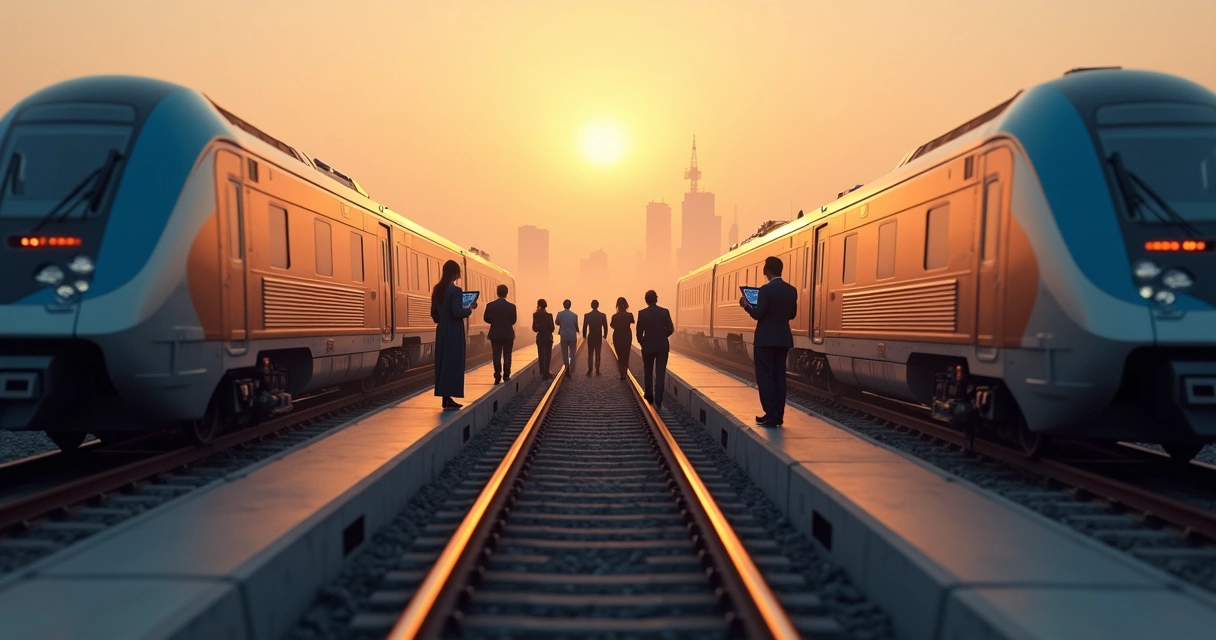 Dois trens corporativos se unindo sobre mesma ferrovia 