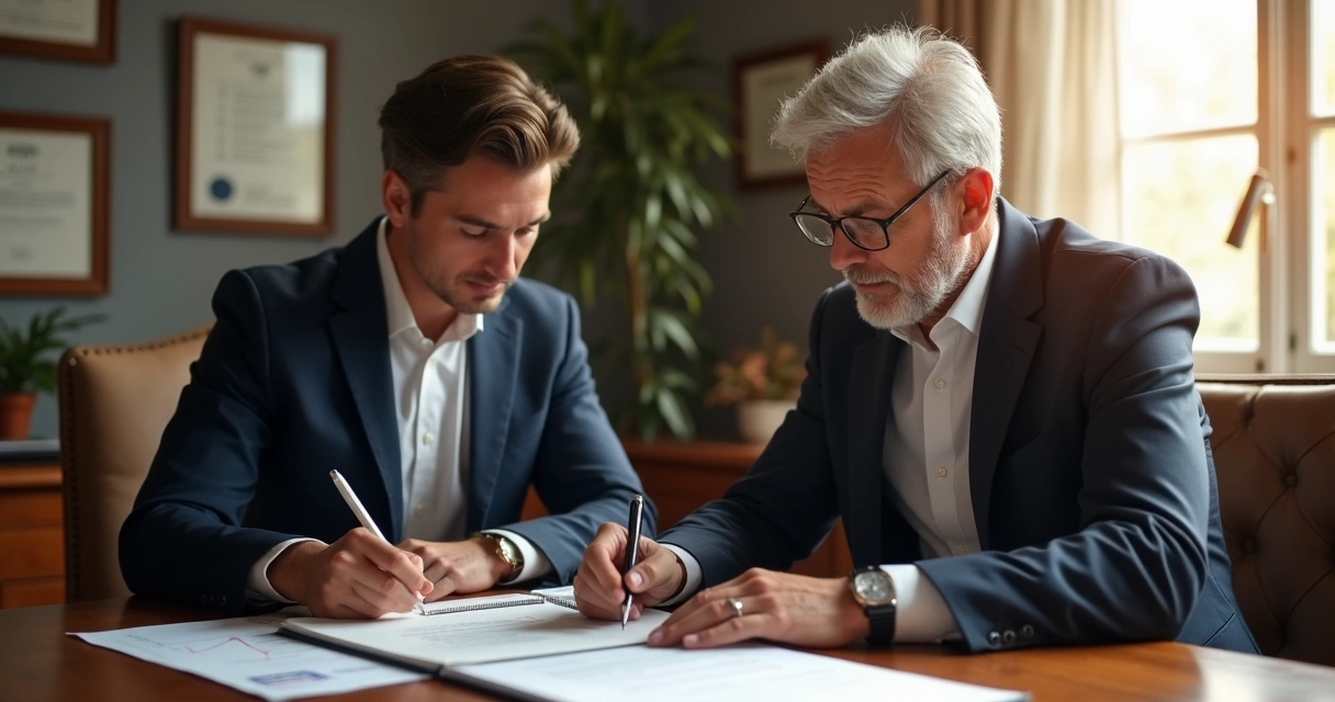 Advogado mais jovem sendo orientado por sócio experiente 