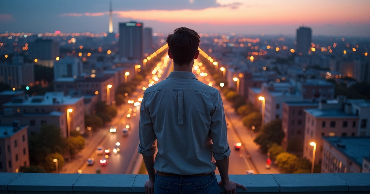 Líder caminhando por cidade vista de cima com trilhas de luz conectando pessoas 
