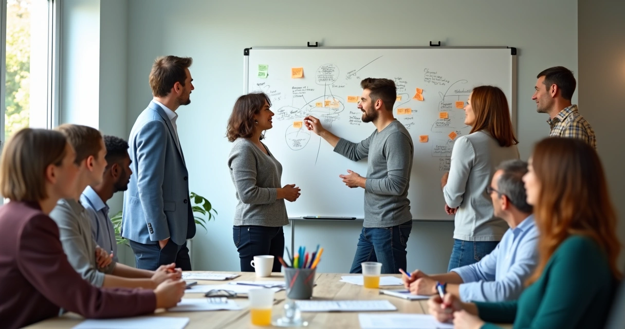 Grupo de profissionais de idades diferentes em pé, trocando ideias em quadro branco 