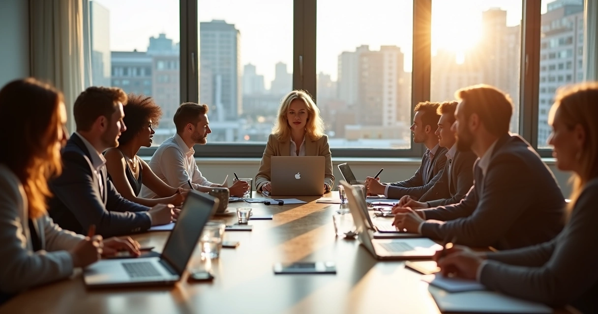 Profissionais de diversas idades trocando ideias em reunião 