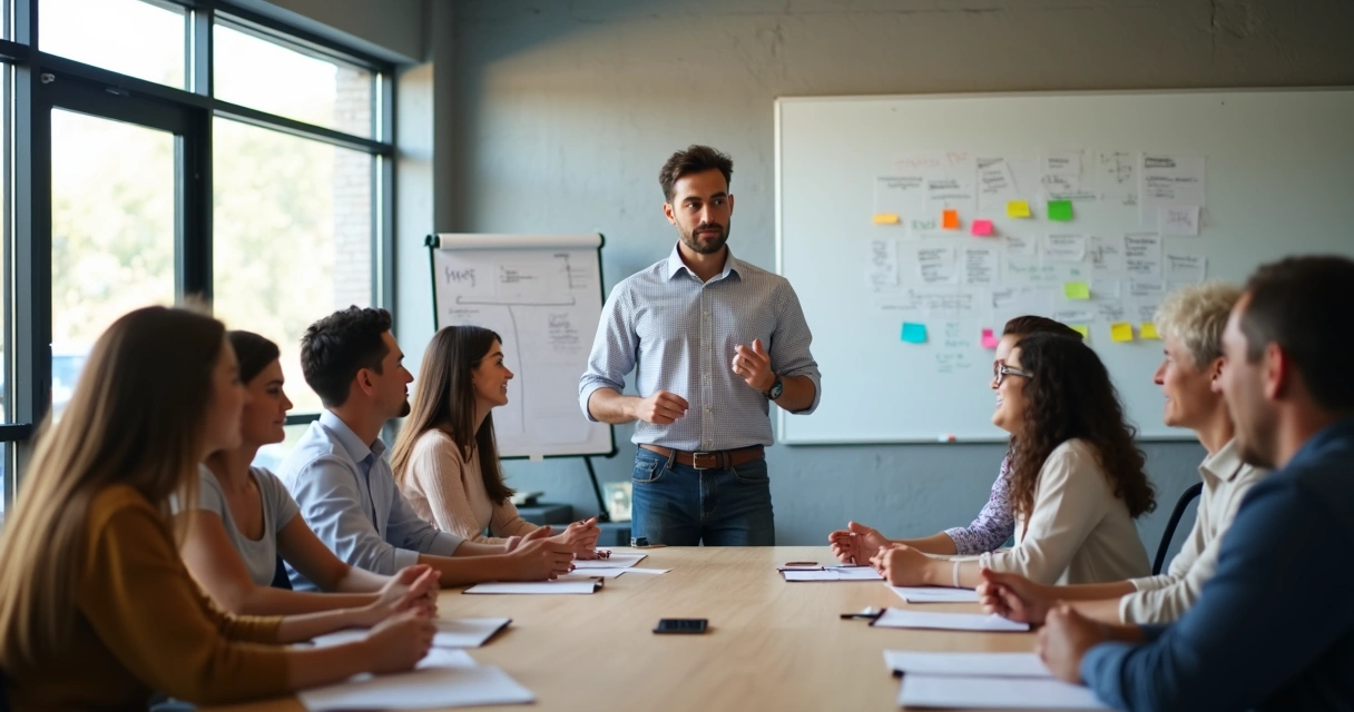 Líder apresentando a equipe diversa em sala de reunião moderna