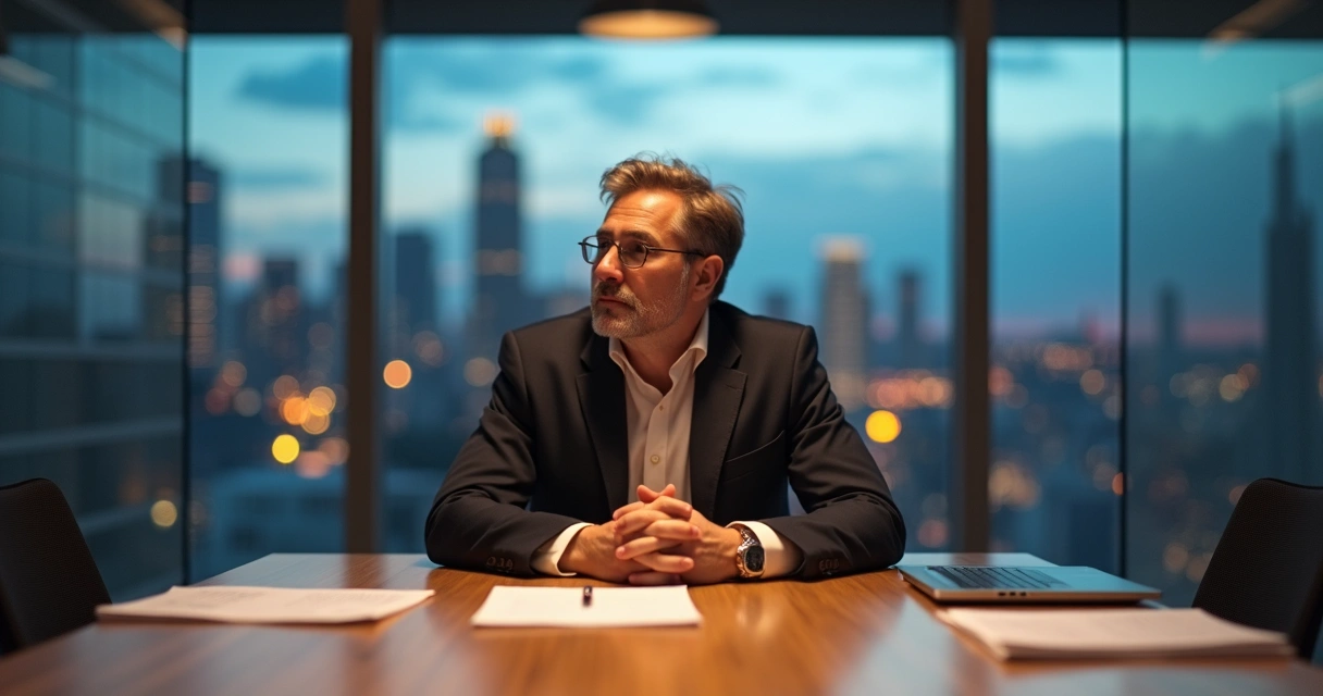 Líder sentado em sala de reunião vazia refletindo com expressão séria e postura confiante 