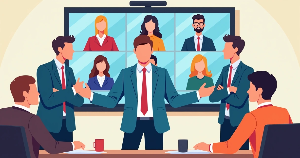 Líder conduzindo reunião híbrida com parte da equipe presencial e parte online 