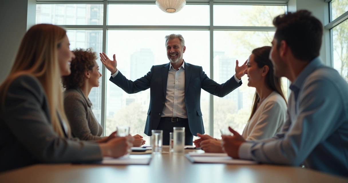 Pessoa liderando equipe com linguagem corporal aberta