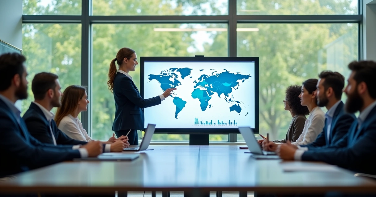 Líder de equipe multicultural fazendo apresentação em ambiente moderno 