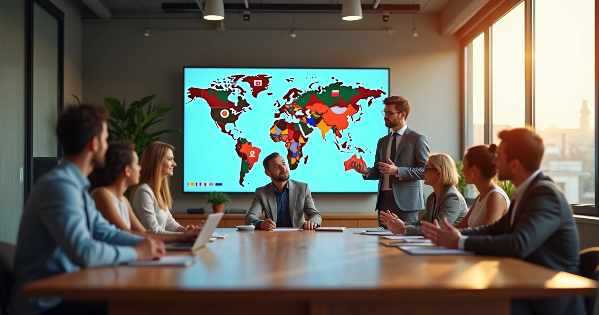 Líder orientando equipe multicultural em uma sala de reunião 