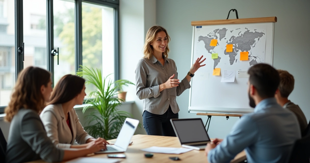 Líder guiando equipe global em sala moderna 