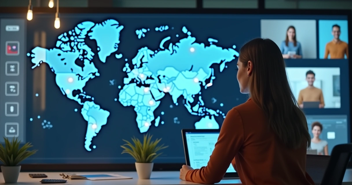 Gestora lidera equipe global multidisciplinar, cada um em local diferente, tela mostra metas e resultados compartilhados 