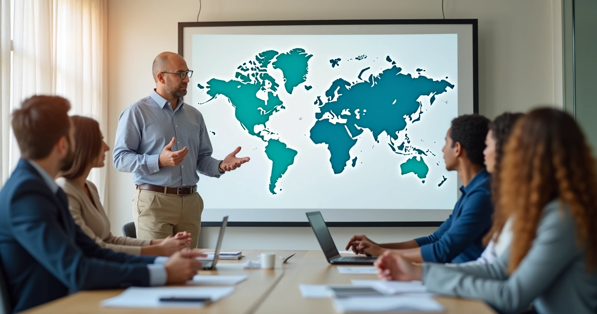 Grupo multicultural em sala de reunião com líder orientando equipe 