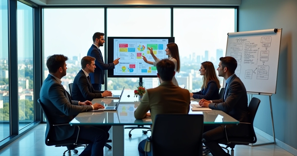 Reunião de liderança discutindo governança digital em sala moderna 