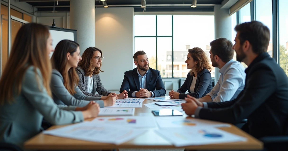 Líder orientando equipe em uma mesa de discussão