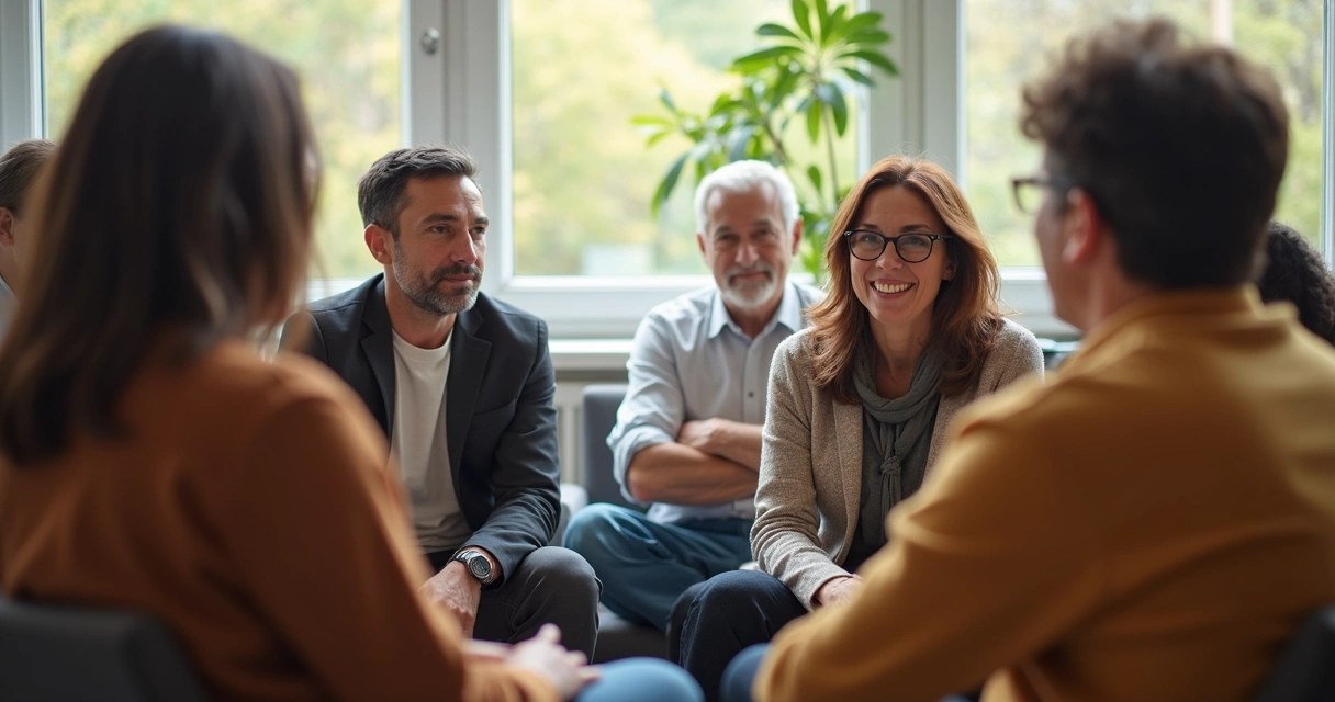 Pessoas diversas sentadas em círculo discutindo com atenção e cuidado