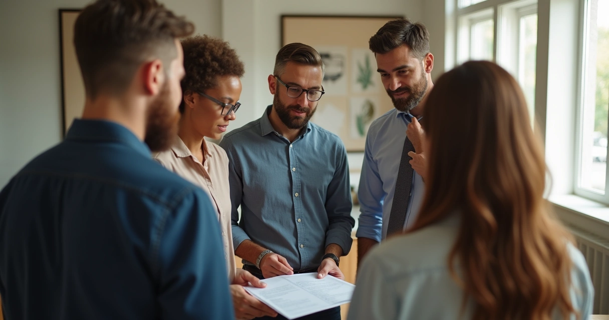 Líder com grupo avaliando juntos um projeto em ambiente de trabalho 