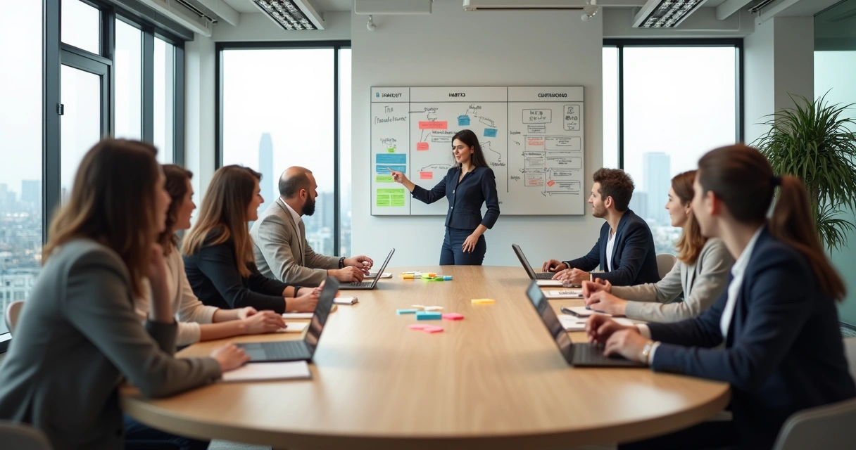 Líder conduz reunião colaborativa em empresa moderna focada em mudança de cultura 