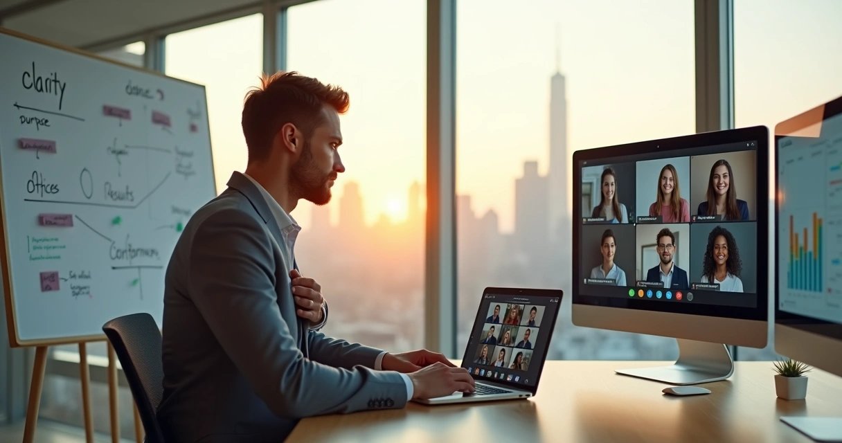 Líder refletindo diante de equipe conectada em ambiente híbrido moderno 