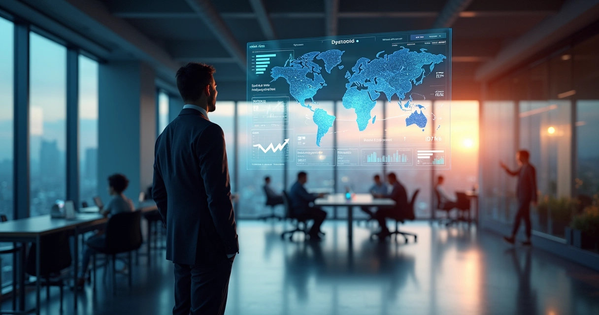 Gestor observa equipe híbrida em escritório moderno focada em resultados em vez de presença física 