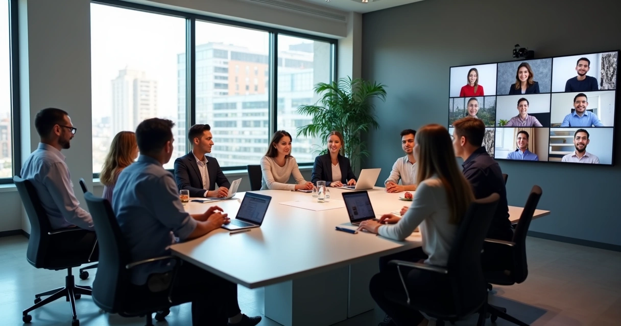 Equipe reunida em ambiente híbrido com parte dos membros presencialmente em sala moderna e outros participando via videoconferência em telas grandes 