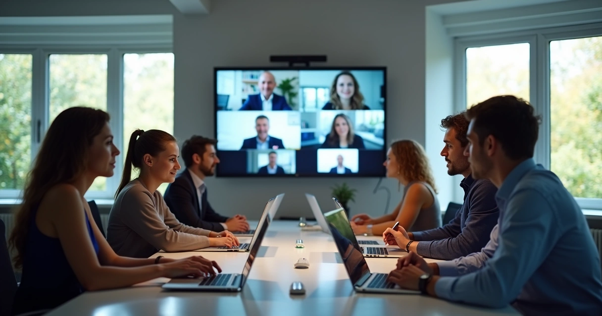 Reunião híbrida com parte da equipe presencial e parte remota conectada em telas 