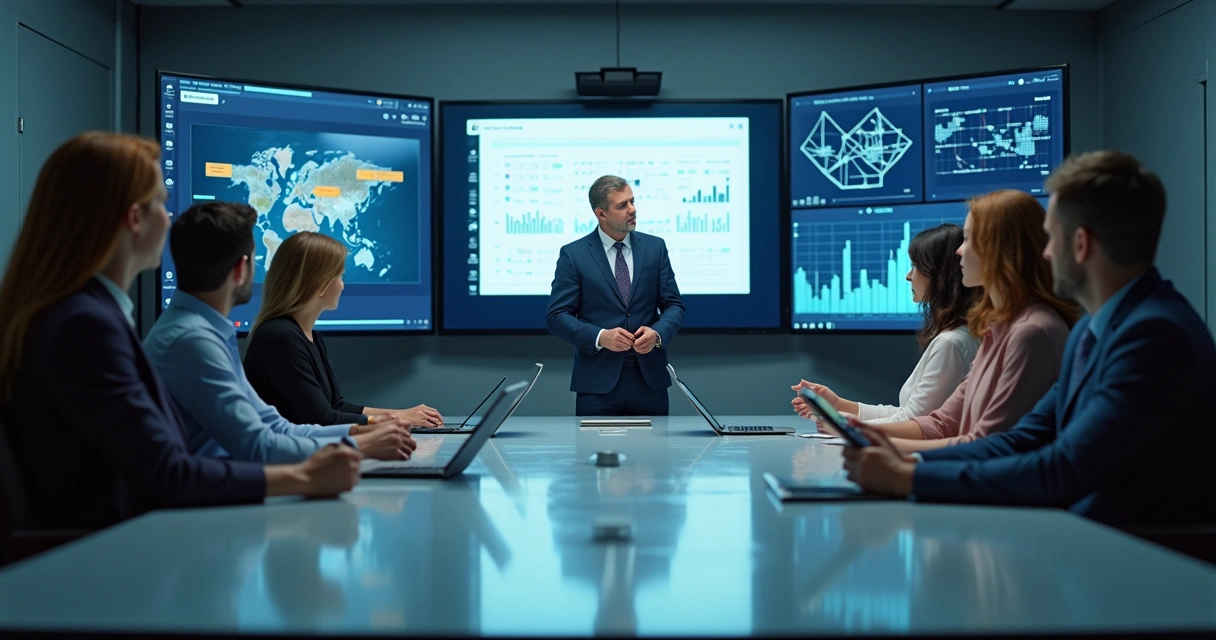 Líder coordenando equipe híbrida usando recursos tecnológicos como videoconferência. 