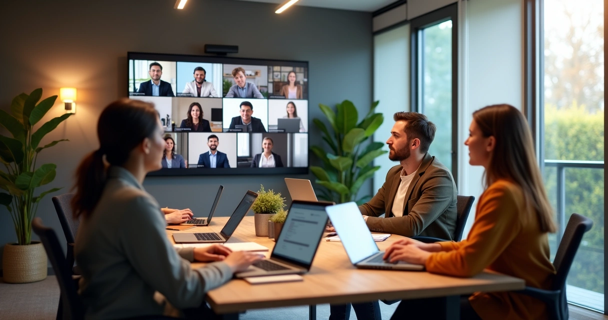 Equipe diversa em reunião híbrida com membros no escritório e por videoconferência 