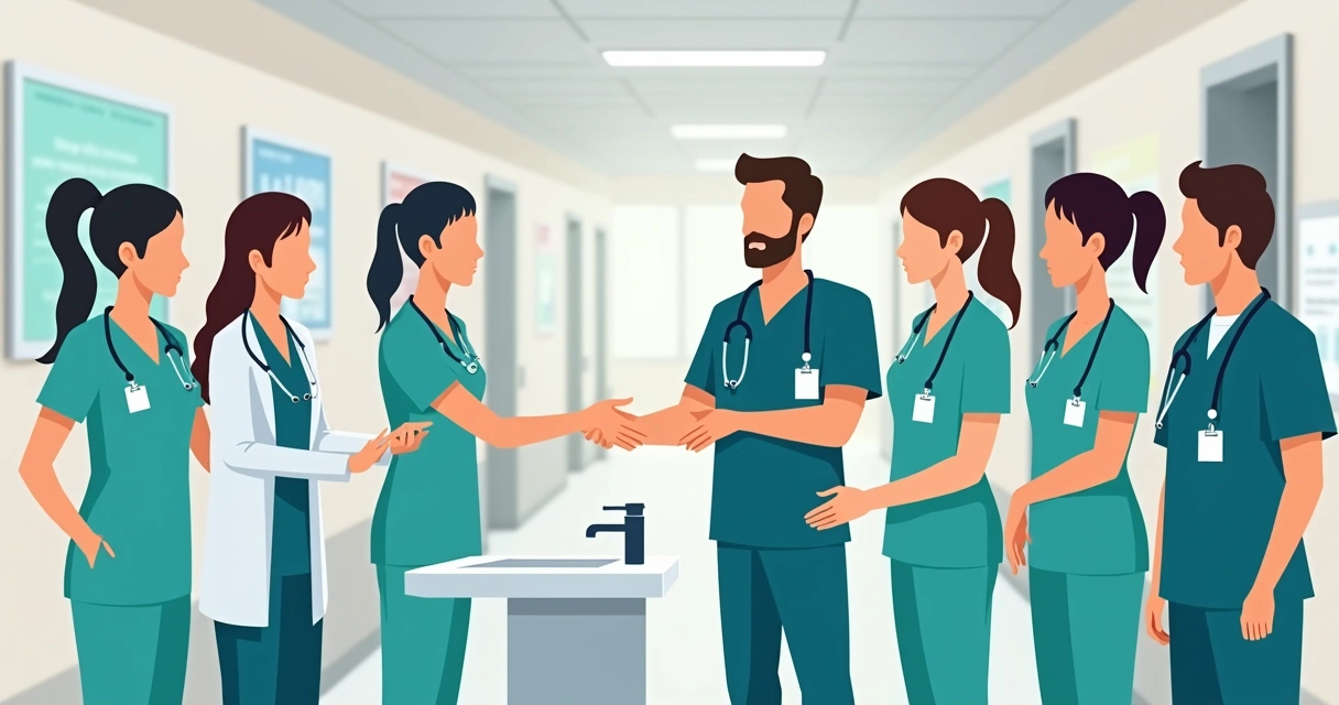 Estratégias para engajamento e capacitação de profissionais na higiene das mãos 1 Equipe médica reunida com líder demonstrando higienização das mãos