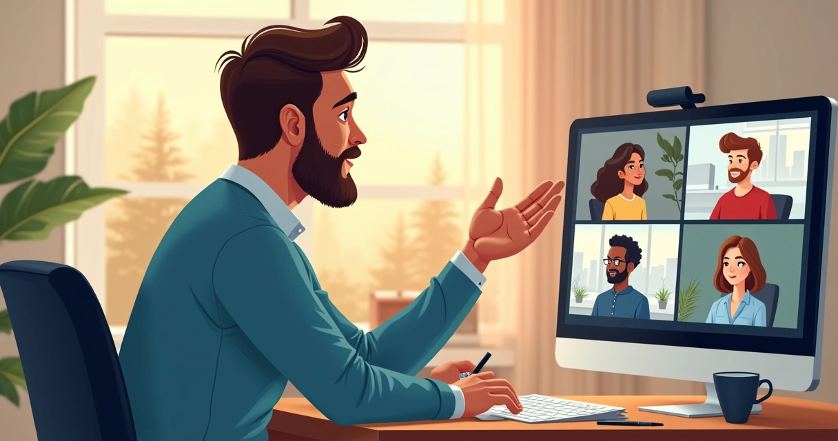 Gestor conversando em vídeo chamada com equipe em home office 