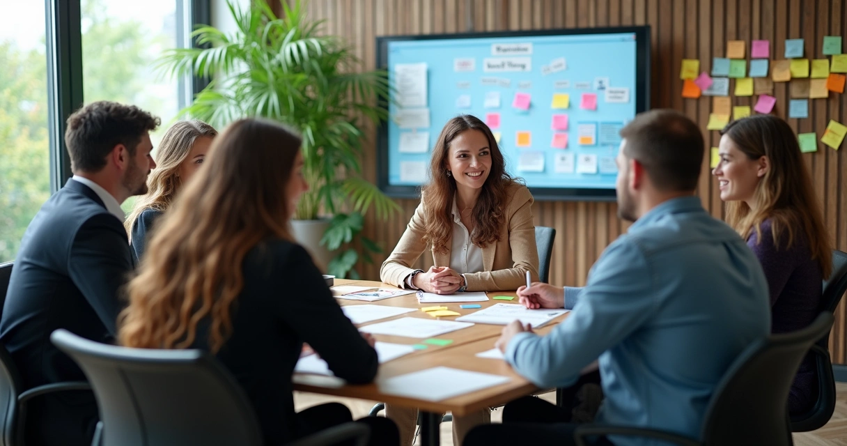 Equipe participando de reunião com liderança horizontal