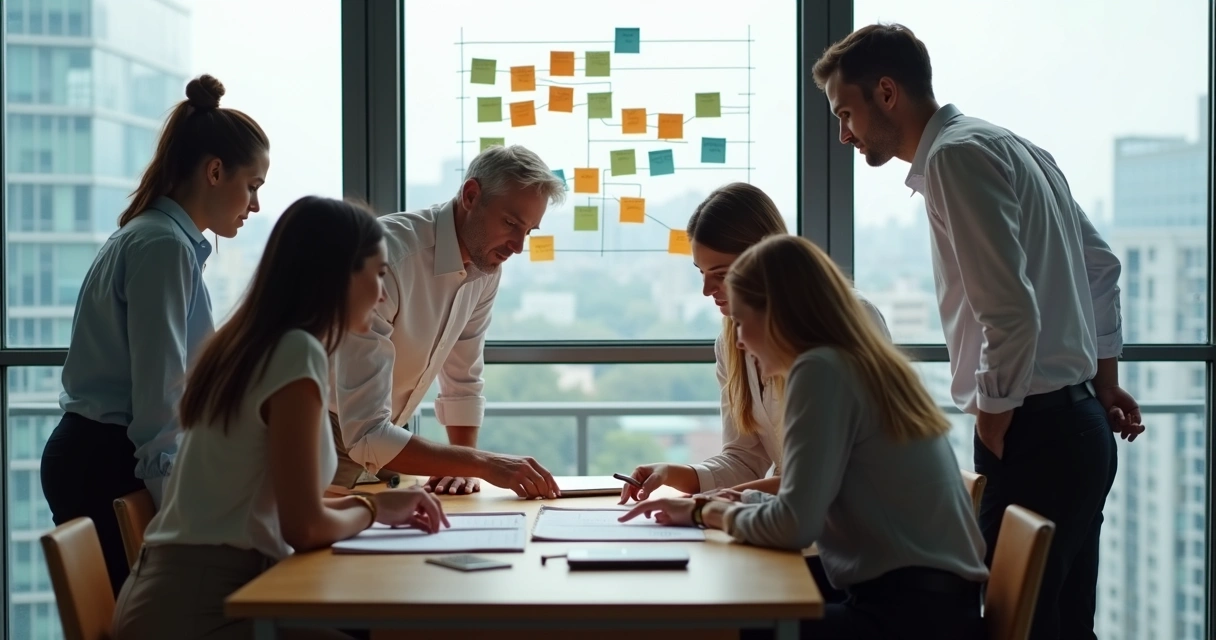 Equipe diversa em círculo colaborando em ambiente de escritório moderno 