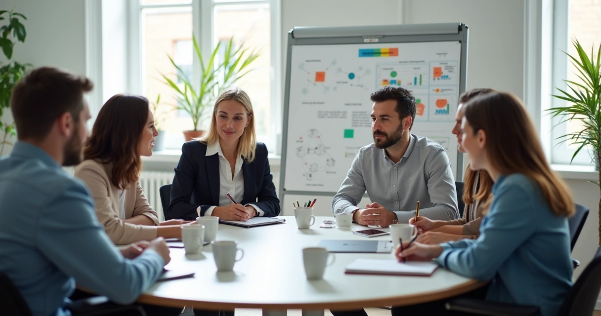 Colaboradores reunidos em sala com disposição em círculo, sem hierarquia visível. 