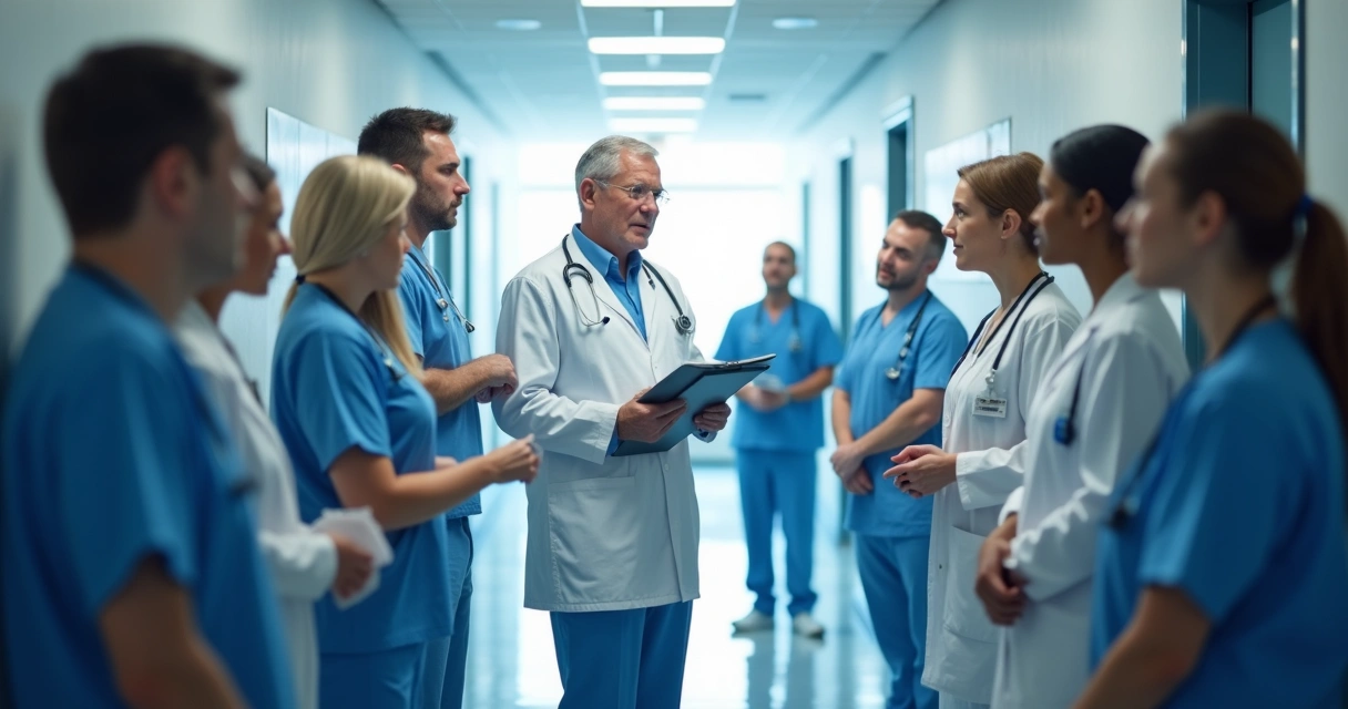Chefe médico orientando equipe de profissionais de saúde em corredor de hospital 