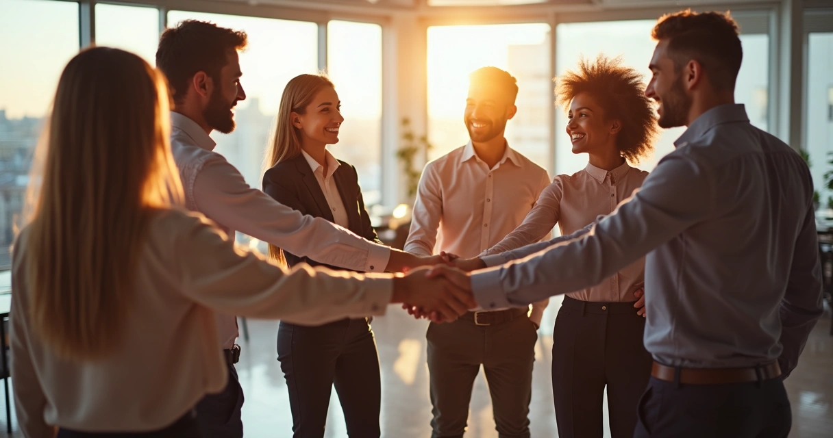 Grupo de trabalho unido mostrando conexão humana de liderança 