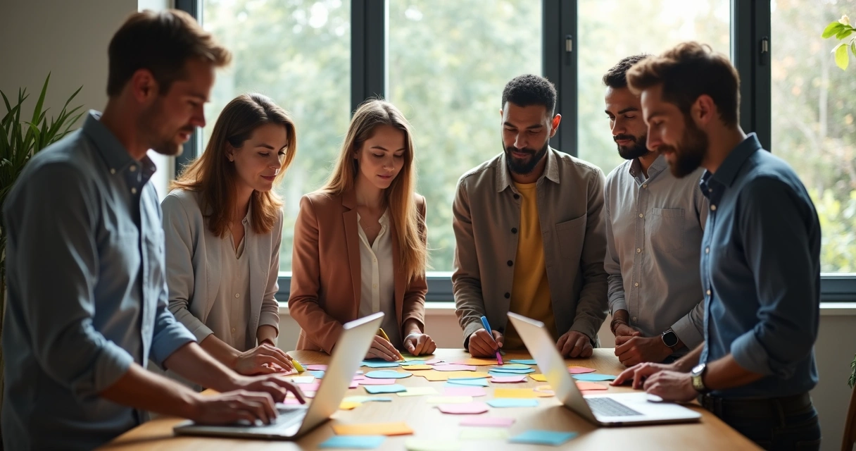 Equipe reunida em círculo em sala iluminada, colaborando com post-its e expressões engajadas 