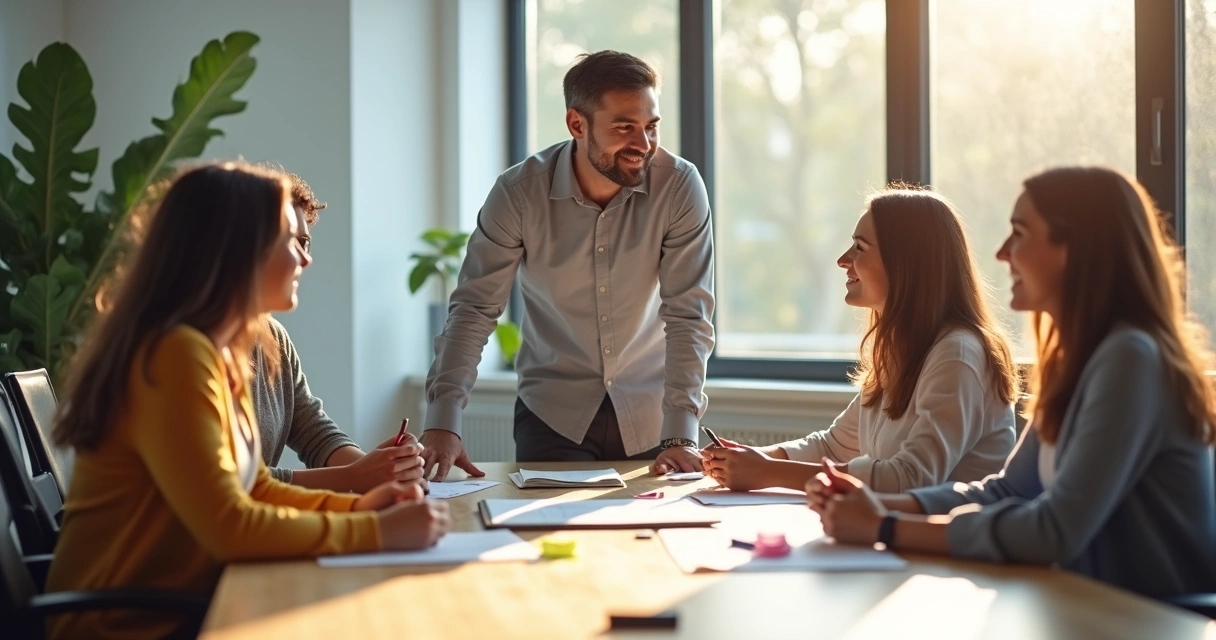 Líder em ambiente corporativo conversando com equipe de maneira empática e próxima